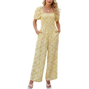 Women's Summer Smocked Jumpsuits Casual Square Neck Short Sleeve High Waist Wide Leg Rompers with Pockets - 1 of 4