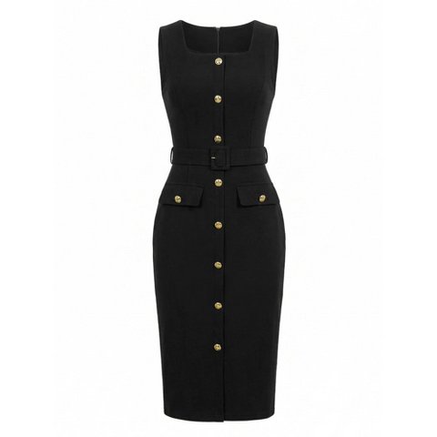 Женские платья INSPIRE CHIC Women's Sleeveless Square Neck Formal Belted Bodycon Midi Work Dress Medium Black
