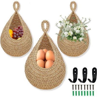 3 Pack Wall Hanging Fruit Baskets with 3 Hooks, Boho Hanging Wall Basket for Fruits, Vegetables and Onion Storage
