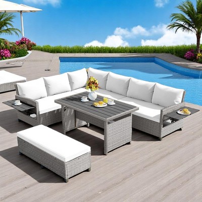5-Piece Outdoor Rattan Sectional Sofa Set with Extendable Side Tables, Dining Table & Washable Cushions – Seats 7, Durable & Comfortable