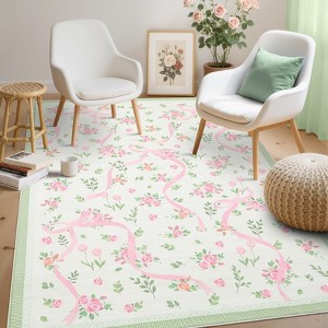 Washable Botanical Floral Print Living Room Rugs, Soft Non Slip Indoor Modern Floor Carpet for Home Office - 1 of 4