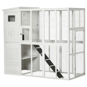 PawHut Outdoor Catio, Cat House Wooden Feral Cat Shelter, Cat Cage with Platforms, Waterproof Asphalt Roof, Ramps - 1 of 4