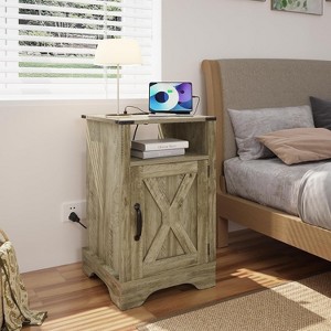 Heynemo Farmhouse Nightstand with Charging Station, Tall Bedside Table with X-Shaped Design, Wooden Rustic End Table - 1 of 4