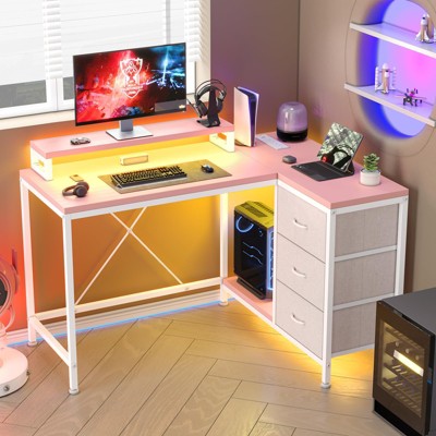 Whizmax L Shaped Desk with Power Outlets & LED Lights, Computer Desk with Drawers & Shelves, Corner Desk Gaming Desk Home Office Desk