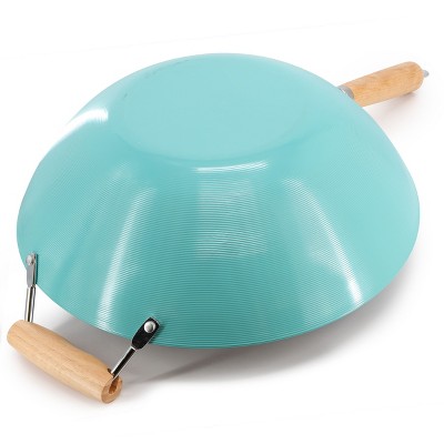 Teal 14 Inch Nonstick Carbon Steel Wok with Wooden Handle