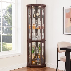 Cabinet with Lighted, Display Cabinet with Glass Doors, Corner China Cabinet with Tempered Adjustable Glass Shelves - 1 of 4