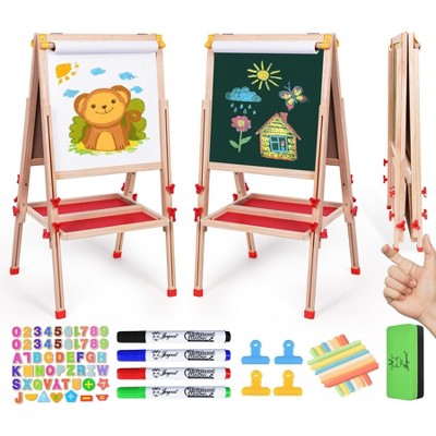 Aoibox Foldable Double Sided Kids Art Easel Adjustable Height Magnetic Whiteboard Chalkboard with Paper Roll and Accessories