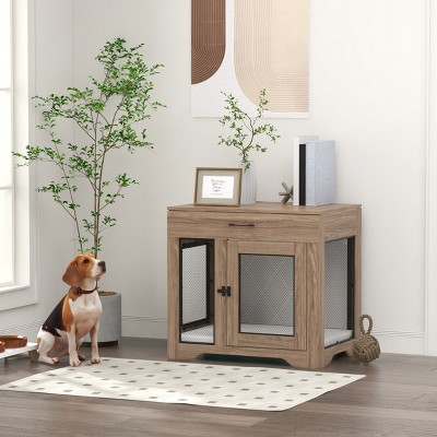Dog Crate Furniture with Cushion and Drawer,Wooden Dog Kennel End Table with 2 Doors,Indoor Dog House for Small to Medium Dogs–LAOTIES