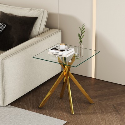 Dolonm 17.72" Square Tempered Glass End Table with Metal Legs, Set of 2, Modern Living Room Side Tables