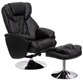 Flash Furniture Transitional Multi-Position Recliner and Ottoman with Chrome Base in Black LeatherSoft