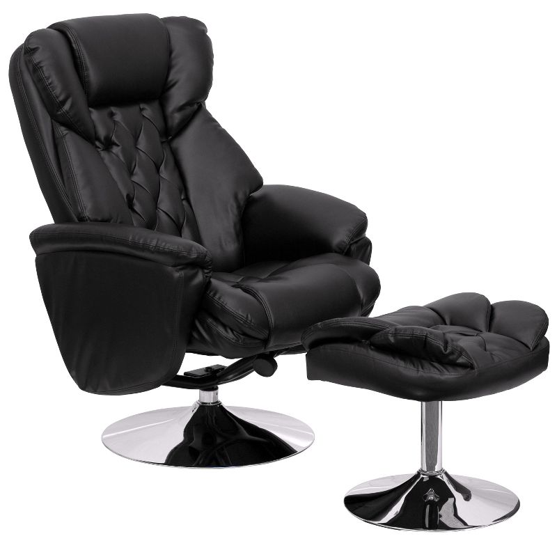 Flash Furniture Transitional Multi-Position Recliner and Ottoman with Chrome Base in Black LeatherSoft, 1 of 9