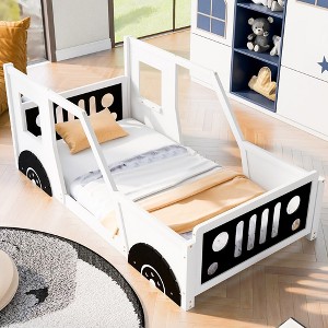 Twin Size Classic Car-Shaped Platform Bed With Wheels, Headboard, Footboard, 2 Doors And Windows On Either Side - 1 of 4