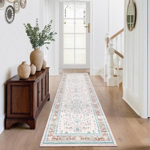Vintage Floral Runner Rug - Washable Non-Slip Low Pile Hallway Carpet, Oriental Design Indoor Mat - 1 of 4