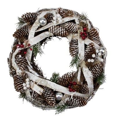 Northlight 13.5" Unlit Birch Bark, Pine Cones and Berries Christmas Wreath