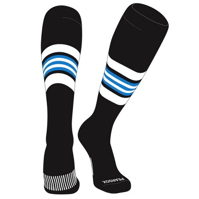 PEAR SOX Striped OTC Baseball, Softball, Football Socks (G) Black, White, Neon Blue