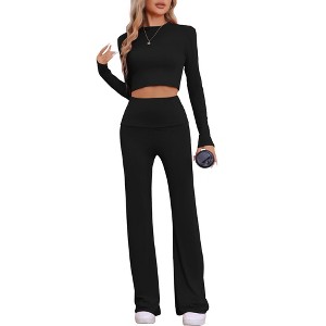 cheibear Women's Long Sleeve Crop Top with Foldover Flare Pants 2 Piece Pajama Set - 1 of 4