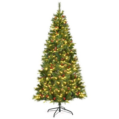 Costway 7Ft Pre-lit Hinged PE Artificial Christmas Tree w/ 350 LED Lights & Pine Cones