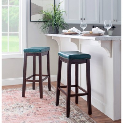Claridge Dark Brown & Blue Faux Leather 32" Backless Saddle Bar Stool