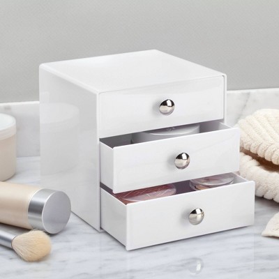 Compact White Plastic 3-Drawer Organizer with Chrome Knobs