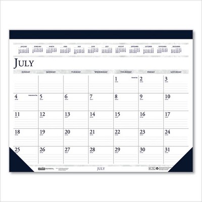 Recycled Academic Desk Pad Calendar, 22 x 17, White/Blue Sheets, Blue Binding/Corners, 14-Month (July to Aug): 2024 to 2025