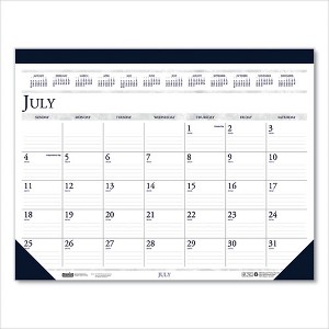 Recycled Academic Desk Pad Calendar, 22 x 17, White/Blue Sheets, Blue Binding/Corners, 14-Month (July to Aug): 2024 to 2025 - 1 of 1