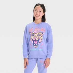 Girls' Def Leppard Oversized Fleece Crewneck Sweatshirt - Light Purple - 1 of 4