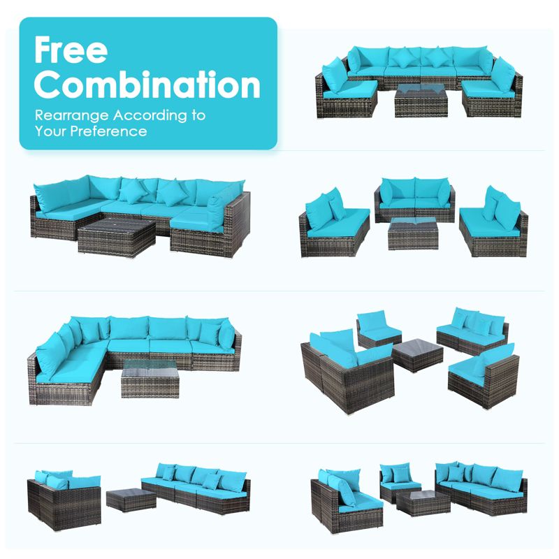 Tangkula 7 PCS Outdoor Patio Furniture Set All-Weather PE Rattan Sofa Set w/Coffee Table & Cushions, 4 of 11