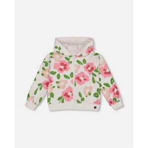Deux par Deux Girl Printed French Terry Hoodie Cardigan Pink Flowers on White Background - 1 of 4
