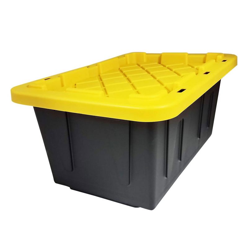 Homz 15-Gallon Durabilt Plastic Stackable Storage Organizer Container w/Snap Lid and Hasps for Tie-Down Straps or Locks, Black/Yellow (4 Pack), 4 of 7