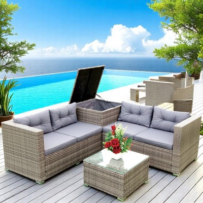 4-Piece Patio Sectional Wicker Rattan Outdoor Sofa Set with Storage Box, Grey Cushions, and Free Combination Design for Garden, Porch, or Balcony