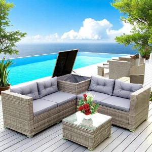 4-Piece Patio Sectional Wicker Rattan Outdoor Sofa Set with Storage Box, Grey Cushions, and Free Combination Design for Garden, Porch, or Balcony - 1 of 4
