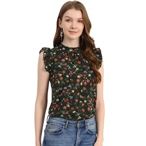 Allegra K Women's Ruffle Sleeveless Casual Stand Collar Summer Floral Top - 1 of 4