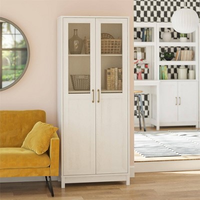 Ivory Oak 2-Door Storage Cabinet with Gold Mesh Doors