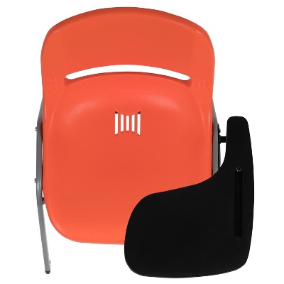 Compact Orange Ergonomic Shell Chair with Flip-Up Tablet Arm