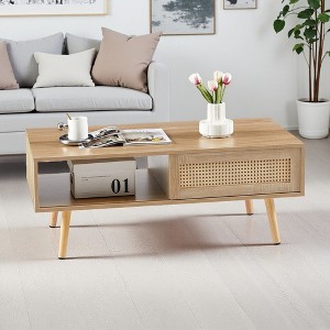 41.34" PE Rattan Coffee Table with Sliding Door - 1 of 4