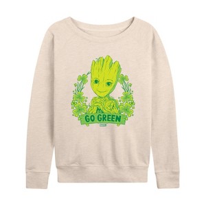 Women's - Marvel - Groot Go Green St. Patricks Day Lightweight French Terry Wide Neck Long Sleeve Shirt - 1 of 4