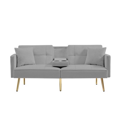 NicBex 69.2 Inch Velvet Futon Sofa Bed with 2 Hidden Cup Holders and 2 Pillows for Living Room,Office,Apartment