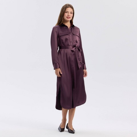 Женские платья A New Day Women's Long Sleeve Belted Satin Midi Shirtdress - A New Day™ Wine Red S