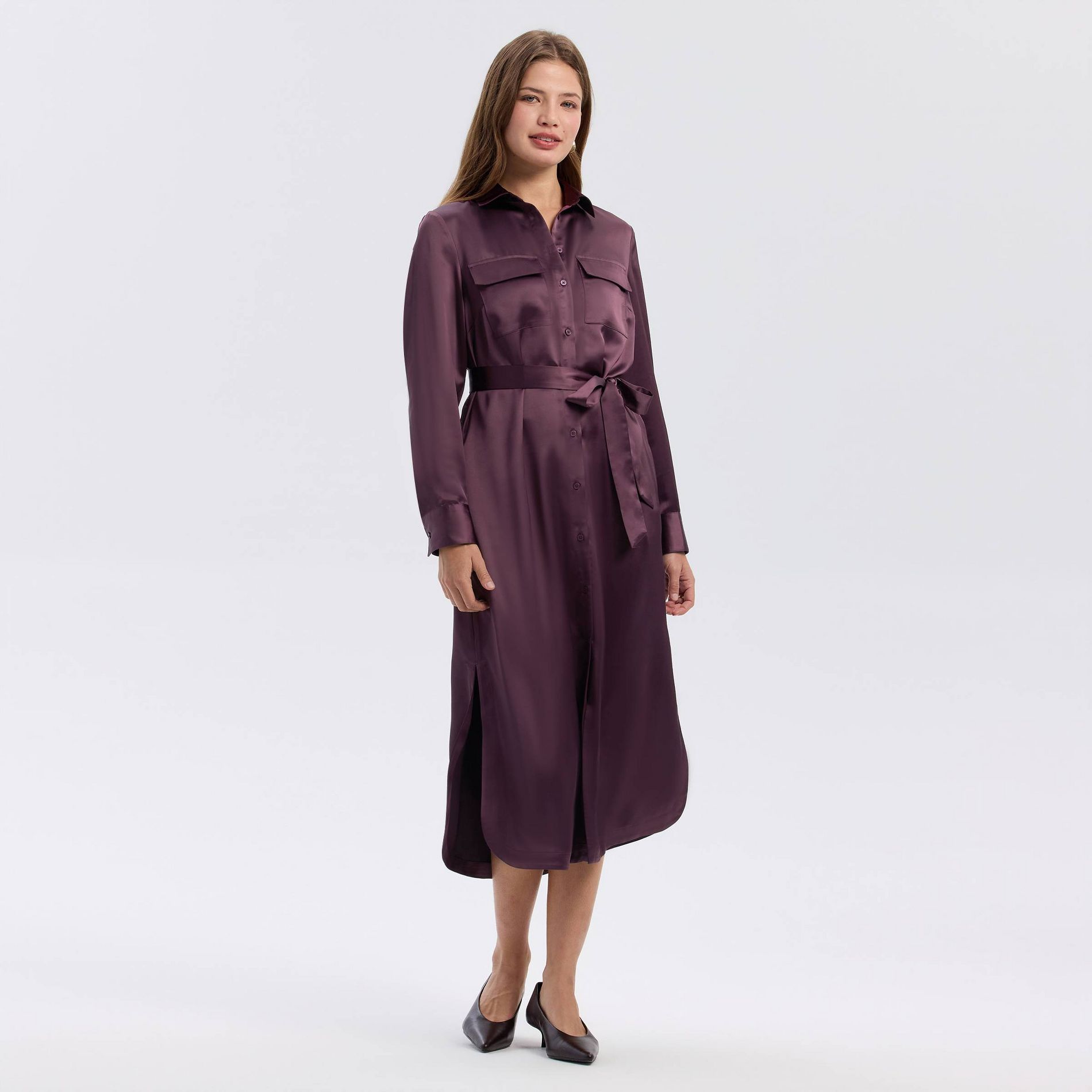 Women's Long Sleeve Belted Satin Midi Shirtdress - A New Day™