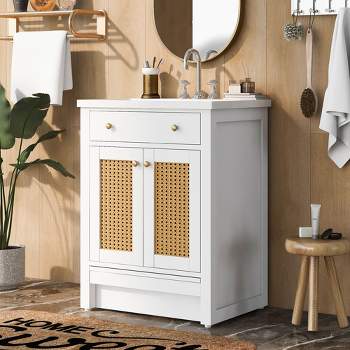 24" Bathroom Vanity with Single Undermount Sink, Combo Storage Cabinet with Pull-out Footrest White-ModernLuxe
