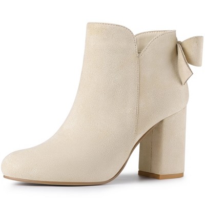 Allegra K Women's Round Toe Bow Decor Chunky Heel Ankle Boots