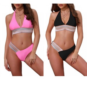 INSPIRE CHIC Women's Color Block Wavy Stripes Halter Top V Shaped Bottom Swimwear Bathing Bikini Suits 2 Sets - 1 of 4