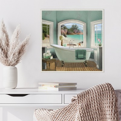 Serene Coastal Bath Scene Canvas Art with White Frame