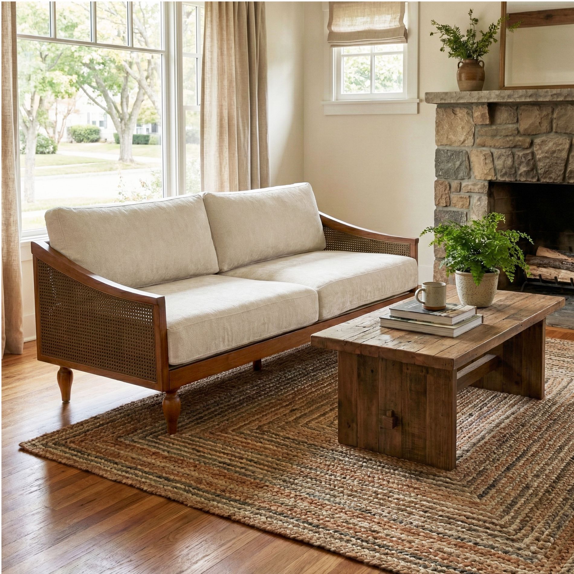 Upholstered Loveseat 2-Seat Sofa Couch Lounge Sofa with Solid Wood Frame & Ergonomic Curved Rattan Armrest, Chenille - ModernLuxe