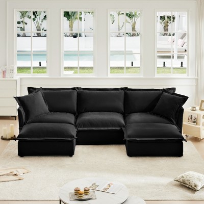 Slipcovered Sectional Sofa, 3 Seater Sofa with Removable Cover, Sofa Couch with Ottoman, Chenille Fabric Sectional Sofas-Cuddlewood