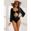 Elerevyo Women's Cut Out Ring Plunge Neck Shirred Long Sleeves Mesh Tummy Control Monokini Swimsuit 1 Pc - 4 of 4