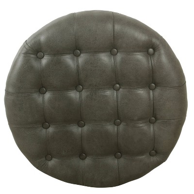 Large Gray Faux Leather Tufted Round Storage Ottoman