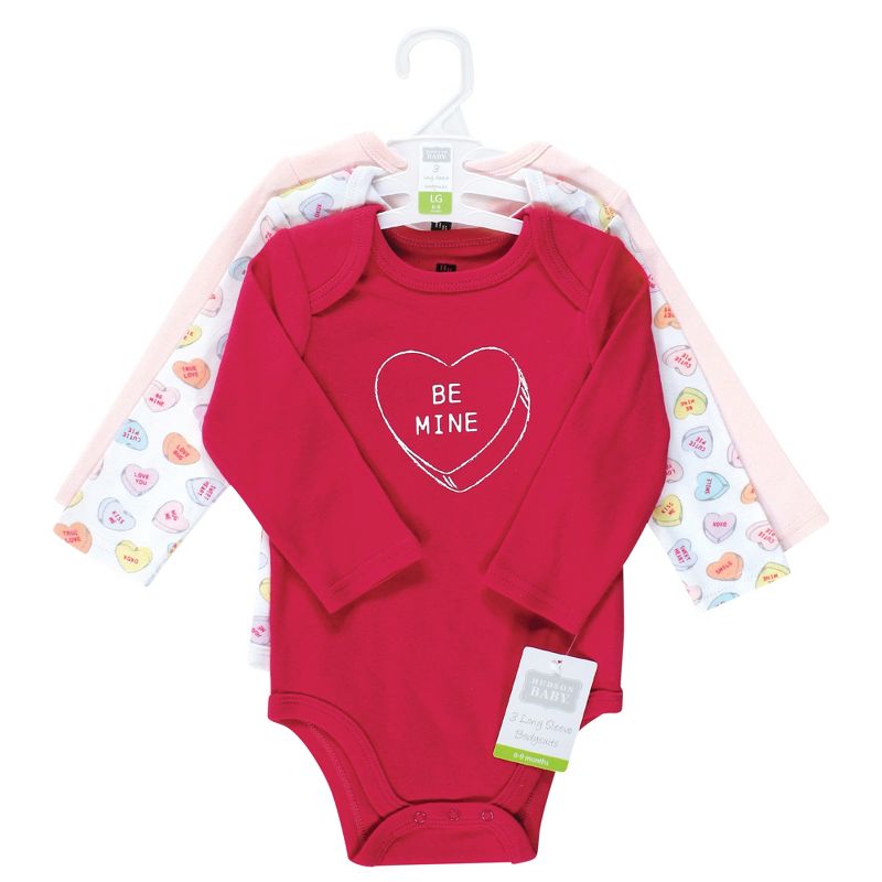 Hudson Baby Infant Girl Cotton Long-Sleeve Bodysuits, Be Mine Valentine, 3 of 7