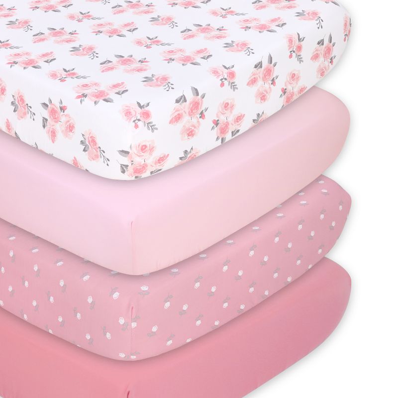 The Peanutshell Fitted Crib Sheet Set for Baby Girls, Pink Roses and Floral, 4 Pack Set, 1 of 13