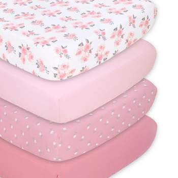 The Peanutshell Fitted Crib Sheet Set for Baby Girls, Pink Roses and Floral, 4 Pack Set